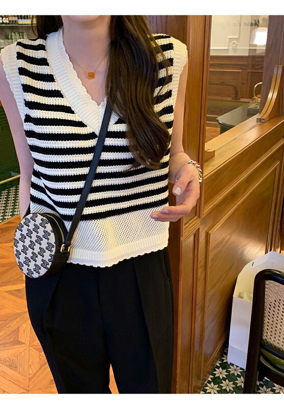 [f · P] fairy girl V-neck stripe hollowed out wavy edge vest / sling 42035# HBx