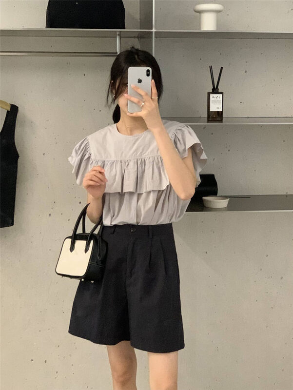 [clean space] simple solid color aging Ruffle Round Neck Shirt 32680# cqw