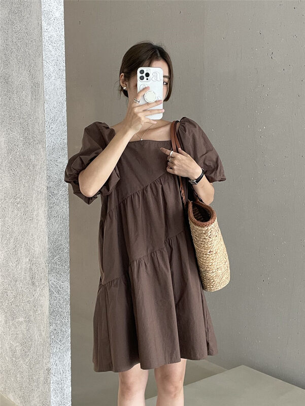 [clean space] Korean solid color square neck bubble sleeve dress 31689 \cqw