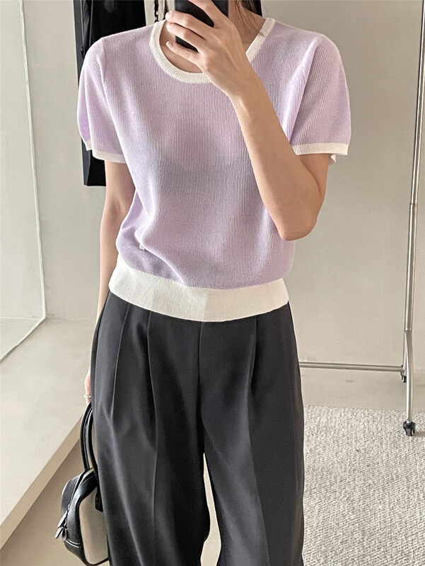 [clean space] Korean color blocking design short sweater 32388 \cqw