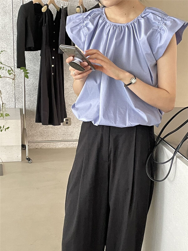 Three dimensional pleated fly sleeves [clean space] fresh and simple solid color vest / suspender 32915# cqw