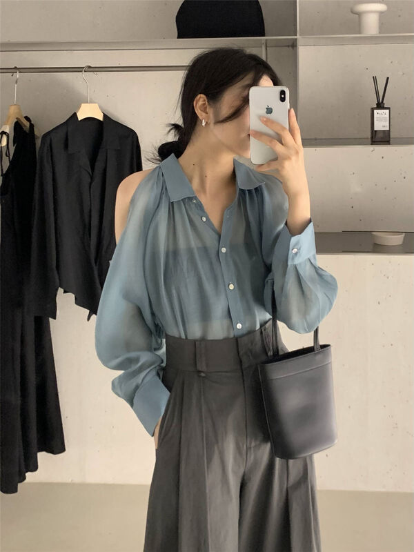 Tencel fabric, cool and breathable [clean space] simple solid color loose off shoulder sunscreen shirt 32663# cqw