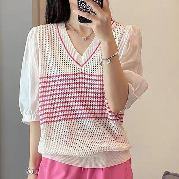 [f · P] Korean striped stitched bubble sleeve sweater 67002-1# HBx