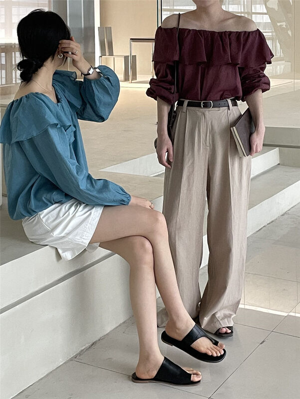 Hemp, 11 colors available, main push item [clean space] Korean solid color Ruffle two wear hemp shirt 31876# cqw