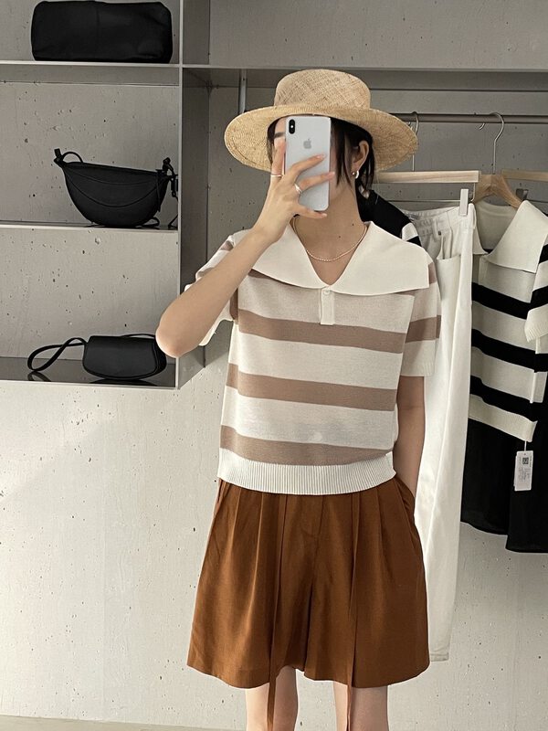 Hemp yarn fabric, not sultry [clear space] Korean striped large lapel short sleeve sweater 27928# cqw
