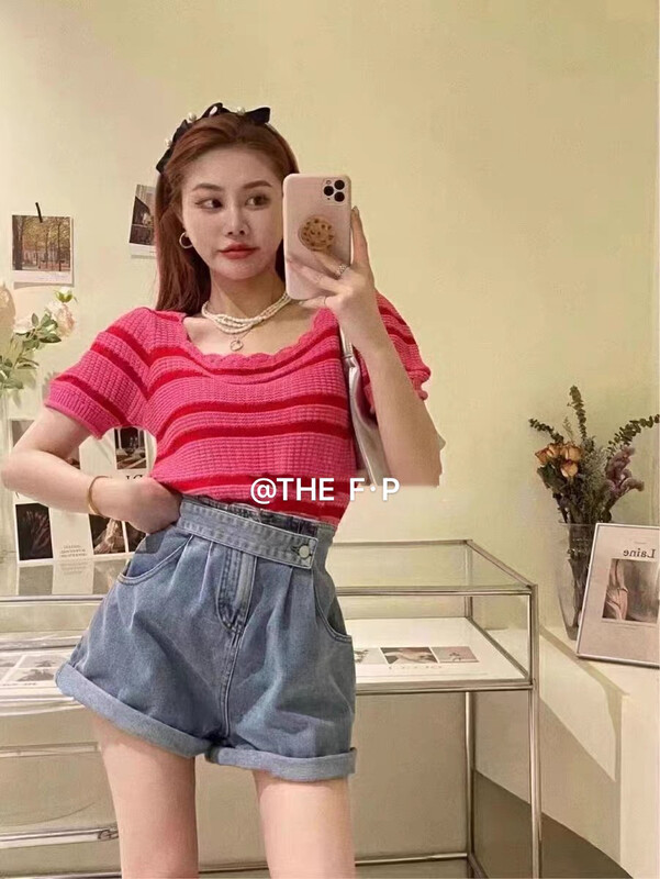 [f · P] girlish Floral Lace square neck striped bubble sleeve T-shirt 10055# HBx