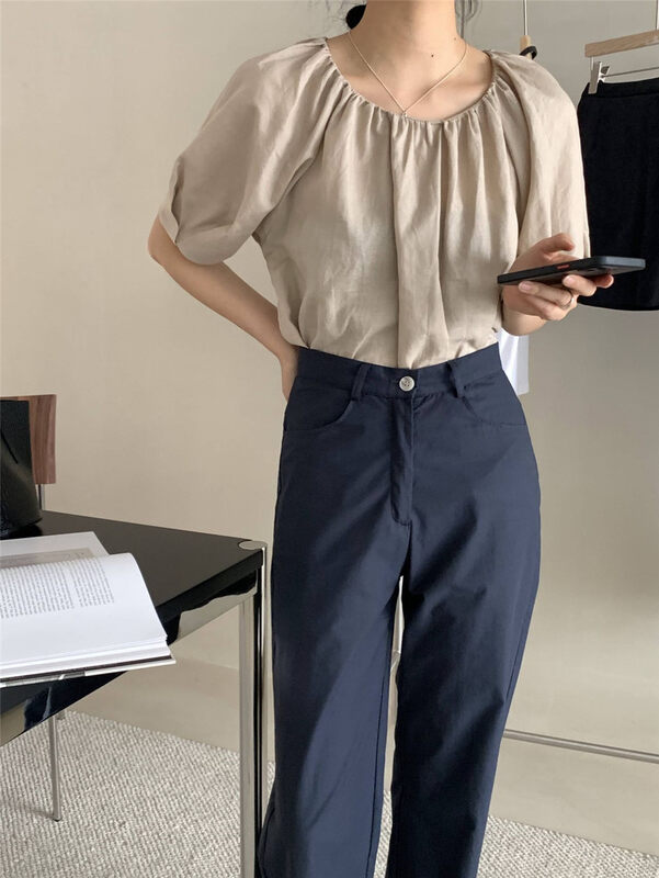 [clean space] solid color, loose texture, bubble sleeve shirt 32658# cqw