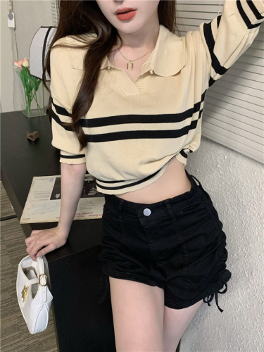 Summer pure milk sweet spice girl sexy polo collar design Short Sleeve T-Shirt women's loose short knit top ins