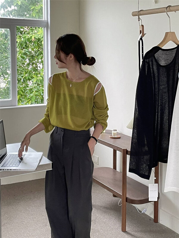 Original price 88.99! [clean space] Korean color blocking hollow out loose thin sweater 31869# cqw