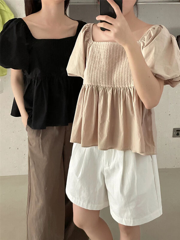 [clean space] fresh and simple square neck bubble sleeve temperament shirt 33013# cqw