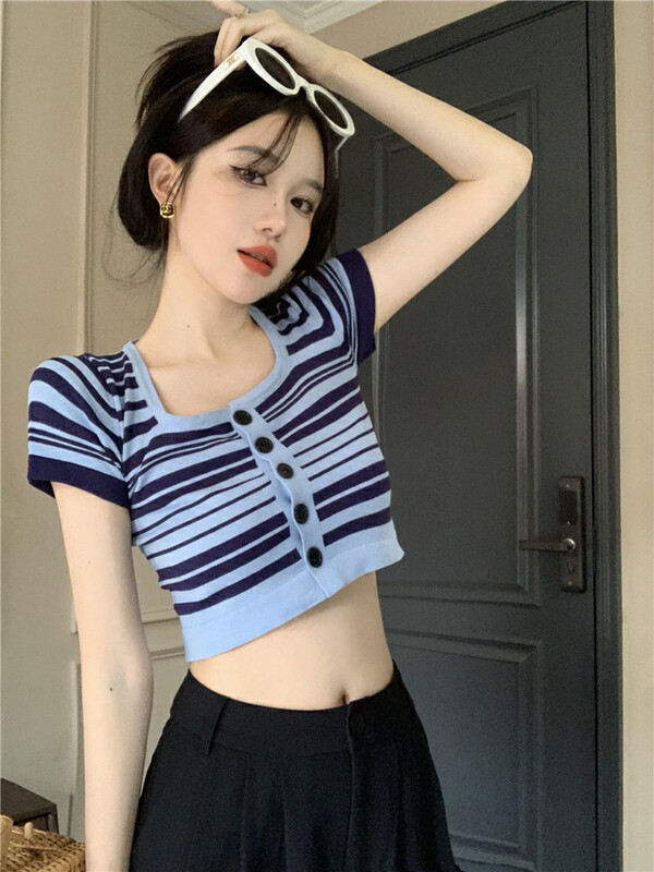 [f · P] sweet and spicy style square neck stripe contrast segment short sleeved knitted cardigan 94151# HBx