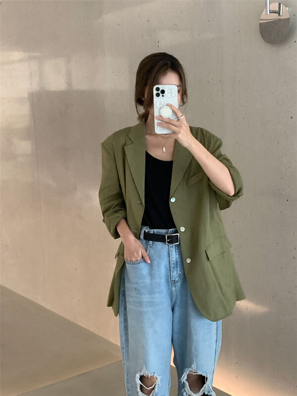 Ultra thin hemp cotton silhouette [clean space] temperament solid color texture sunscreen suit 32682# cqw