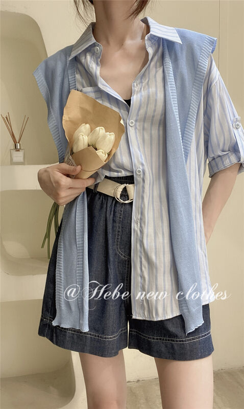 [Hebe] striped pocket fashion shirt (with detachable shawl) ys1-2227# XYJ
