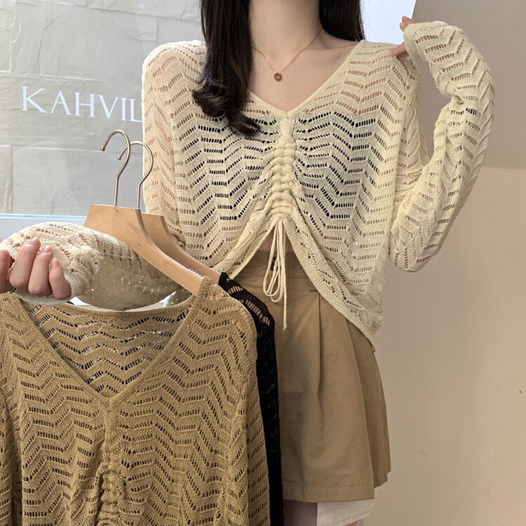 [f · P] Korean V-neck hollowed out drawstring navel exposed loose sunscreen shirt 73182# HBx