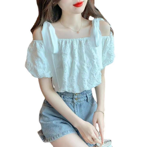 Off shoulder top women's design sense niche summer French Korean high-grade clavicle sling bubble sleeve short sleeve shirt