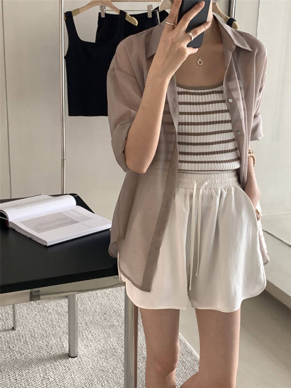 Tencel linen fabric [clean space] simple solid color elastic waist lace up casual shorts 31051 # cqw