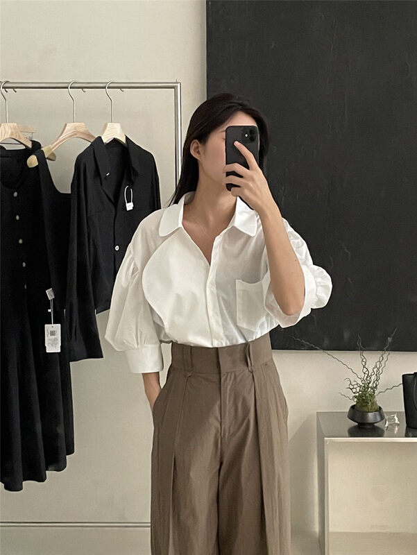 The original price is 98.99! Breathable cotton fabric, 7 colors available [clean space] solid color Ruffle design loose bubble sleeve short shirt 27971# cqw