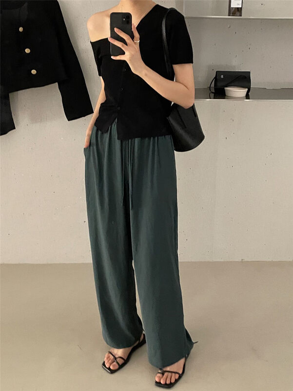 [clean space] simple solid color loose elastic waist casual pants 27931# cqw