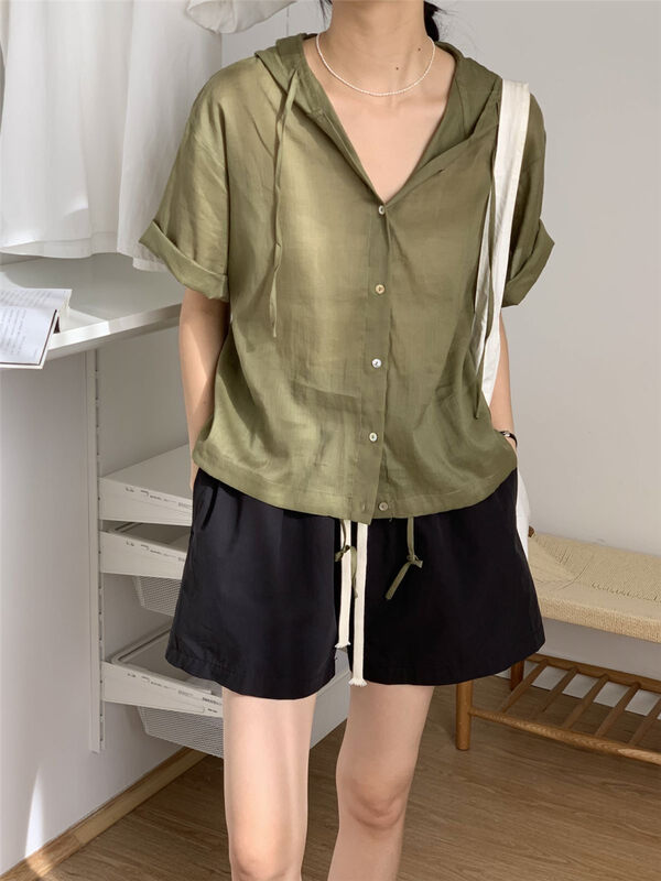 The original price is 98.99! 12 colors available ~ cotton and hemp material [clean space] simple solid color versatile Hooded Shirt 32119# cqw