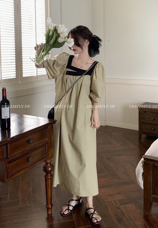 [dream fly] contrast color square neck bubble sleeve dress 61213# XJ