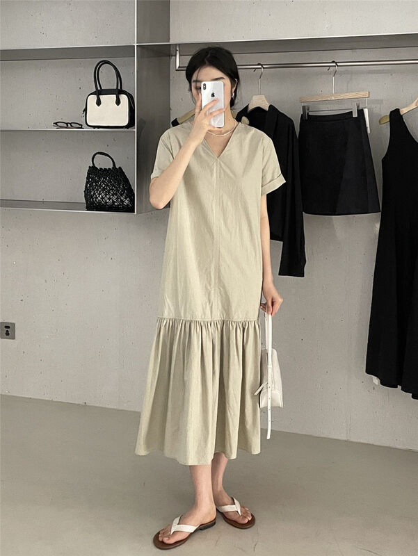 [clean space] Korean solid color V-neck loose long dress 31699 \cqw
