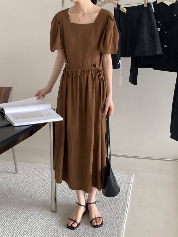 Tencel linen fabric [clean space] Korean solid color square neck bubble sleeve dress 32662# cqw