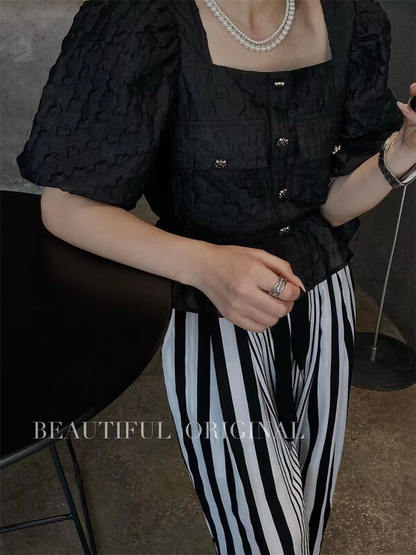 [B-O] square neck single breasted bubble sleeve shirt 87343# XYJ