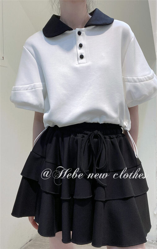 [Hebe] color blocking fashion niche short sleeve T-shirt + pleated slim skirt set 6631# XYJ
