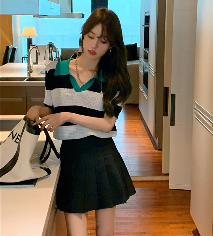 [f · P] fashion polo collar contrast striped short sleeve sweater 54126# HBx