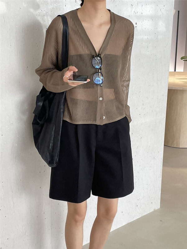 [clean space] simple solid color hollow out short knitted cardigan 32667# cqw