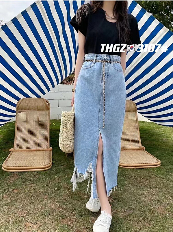 [thgz] denim skirt with broken hem (with belt) t3107\ll