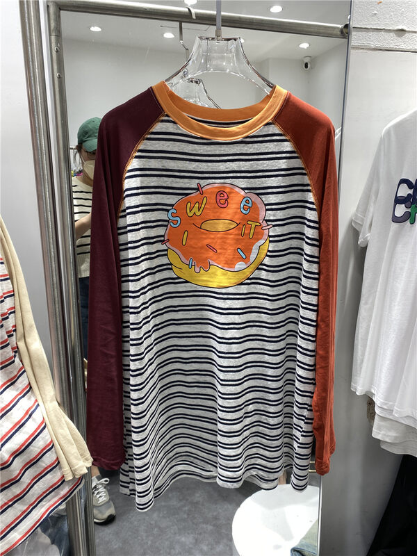 [natur] doughnut color matching stripe loose sunscreen long sleeve T-shirt 221204 \gyj