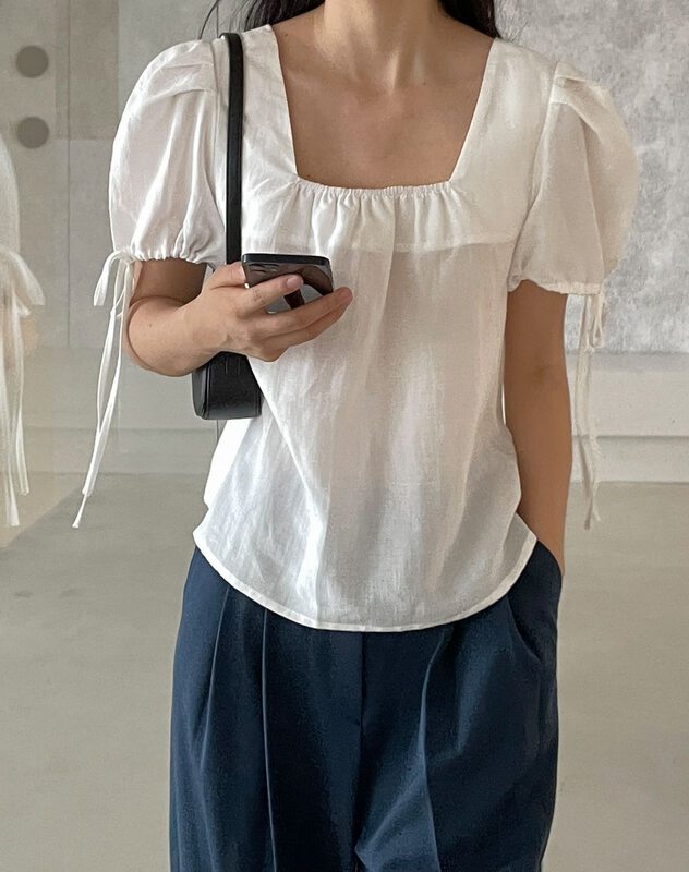 Tencel fabric, selected 6 colors! [clean space] simple solid color loose square neck bubble sleeve blouse 32627# cqw