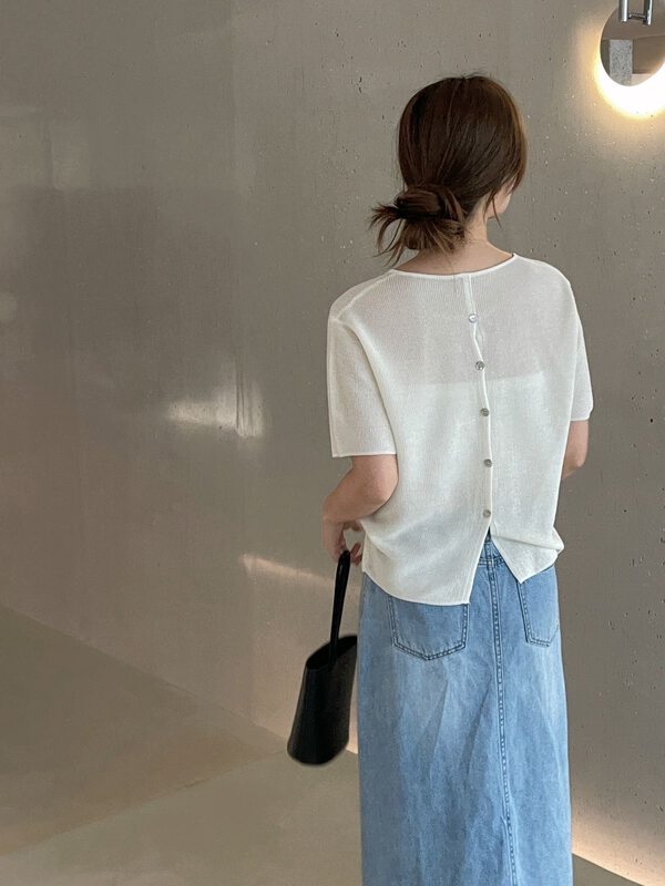 Dry linen yarn [clean space] simple solid color back breasted design short sleeved sweater 32656# cqw