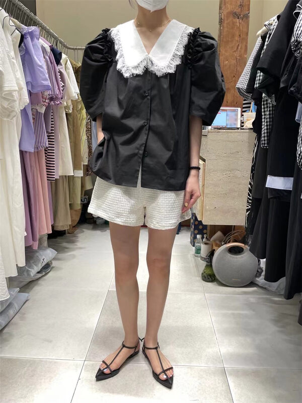 [dream fly] French color blocking lace collar shirt 61243# XJ
