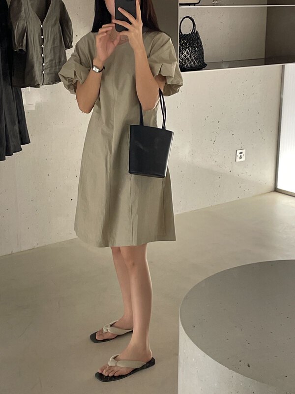 [clean space] Korean solid color waist closing bubble sleeve dress 32153# cqw