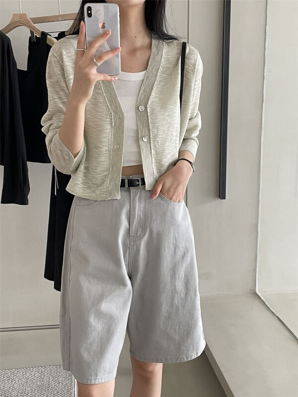 Hemp yarn sunscreen, cover meat, thin, dry and comfortable [clean space] simple solid color V-neck short knitted cardigan 33131# cqw