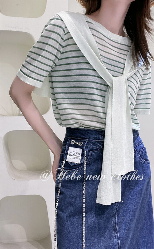 [Hebe] stripe fashion splicing short sleeve T-shirt (non detachable shawl) 3016# XYJ