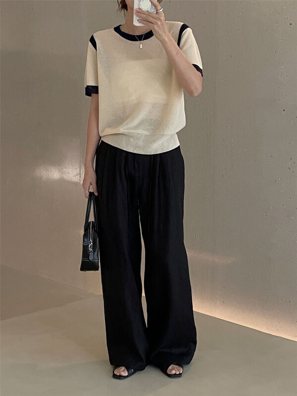 Color contrast design top dry linen yarn [clean space] Korean color contrast design Short Sleeve Sweater 32668# cqw