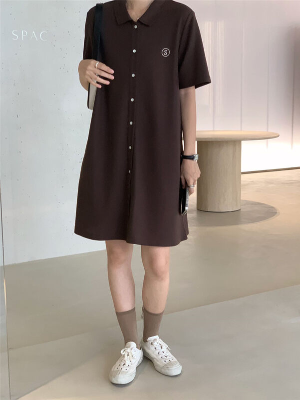 [clean space] Korean alphabet casual button up Lapel dress 31863# cqw