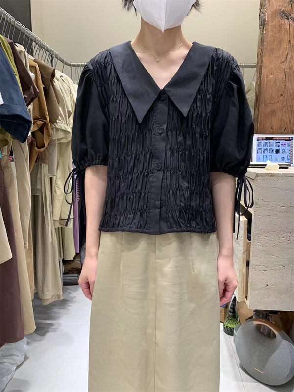 [dream fly] pleated design lace up shirt 61322# XJ