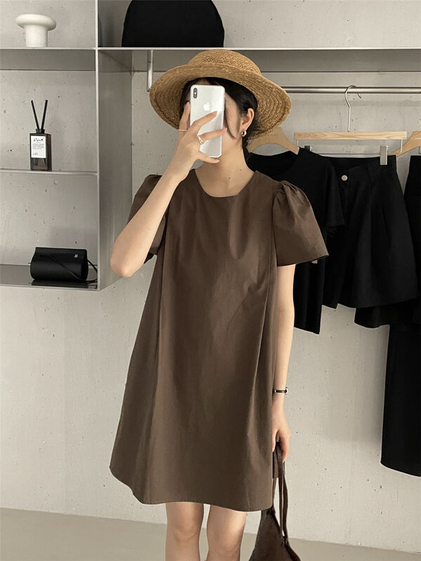 Recommended item in summer [clean space] Korean round neck crimped solid color loose bubble sleeve dress 33111# cqw