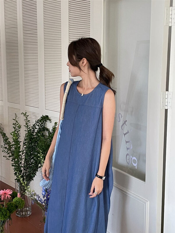 [clean space] Korean casual loose medium length vest denim dress ys1-31599# cqw