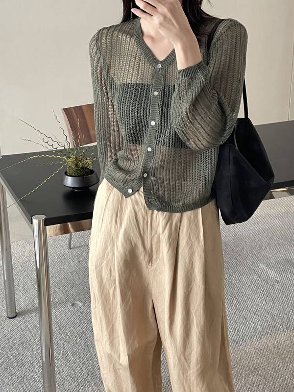 Tencel + linen texture, 8 colors into [clean space] Korean version hollowed out clear texture knitted cardigan 33200# cqw