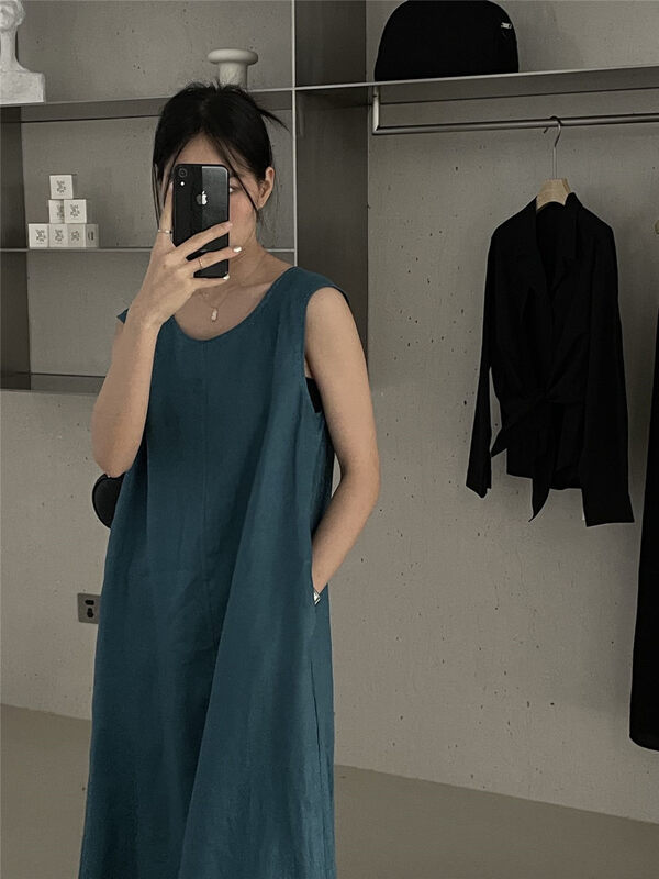 [clean space] Korean solid color loose long vest dress 27918# cqw