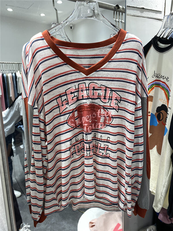 [natur] V-neck striped versatile printed sunscreen shirt 221196 \gyj