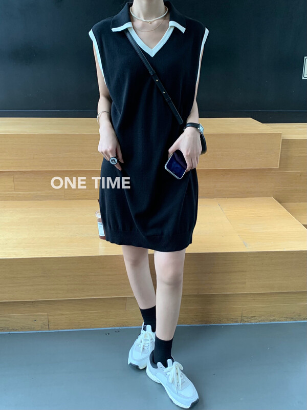 [one time] Korean color blocking fashion sleeveless vest dress ot7186# jhy