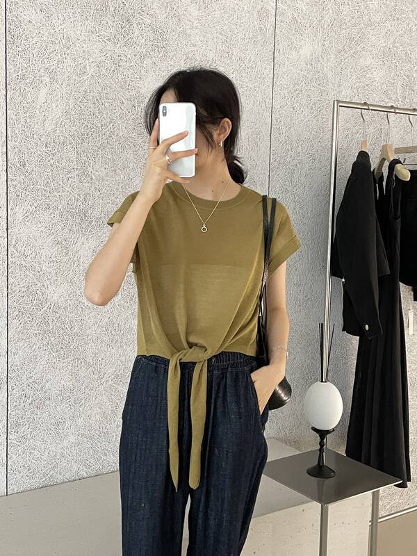 Fine linen yarn, light and slightly transparent, 7 colors can enter [clean space] Korean version, hem strap, versatile knitted short sleeve T-shirt 32732 \cqw