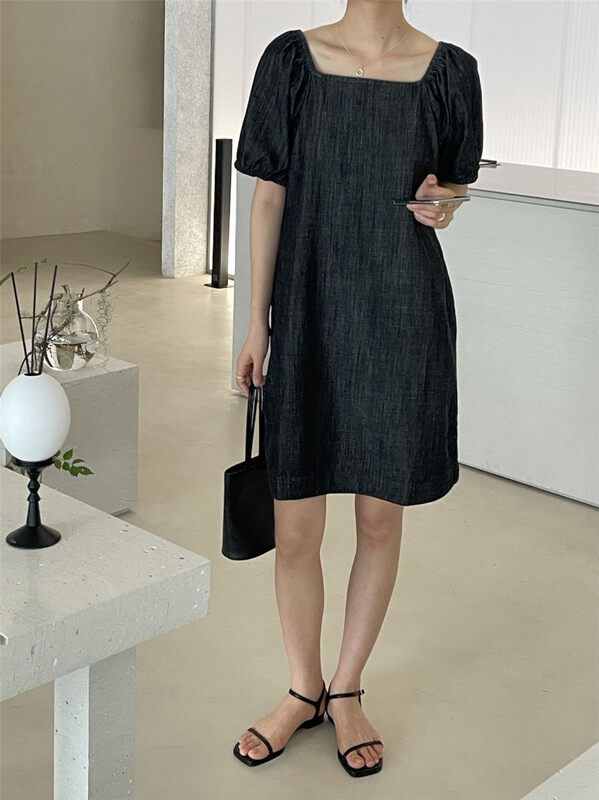 [clean space] Korean loose square neck bubble sleeve denim dress 27930# cqw