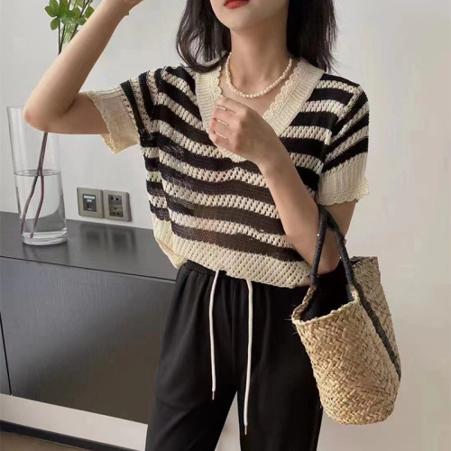 Korean summer 2022 new knitted short sleeve trend stripe loose and versatile V-neck Pullover Sweater Top
